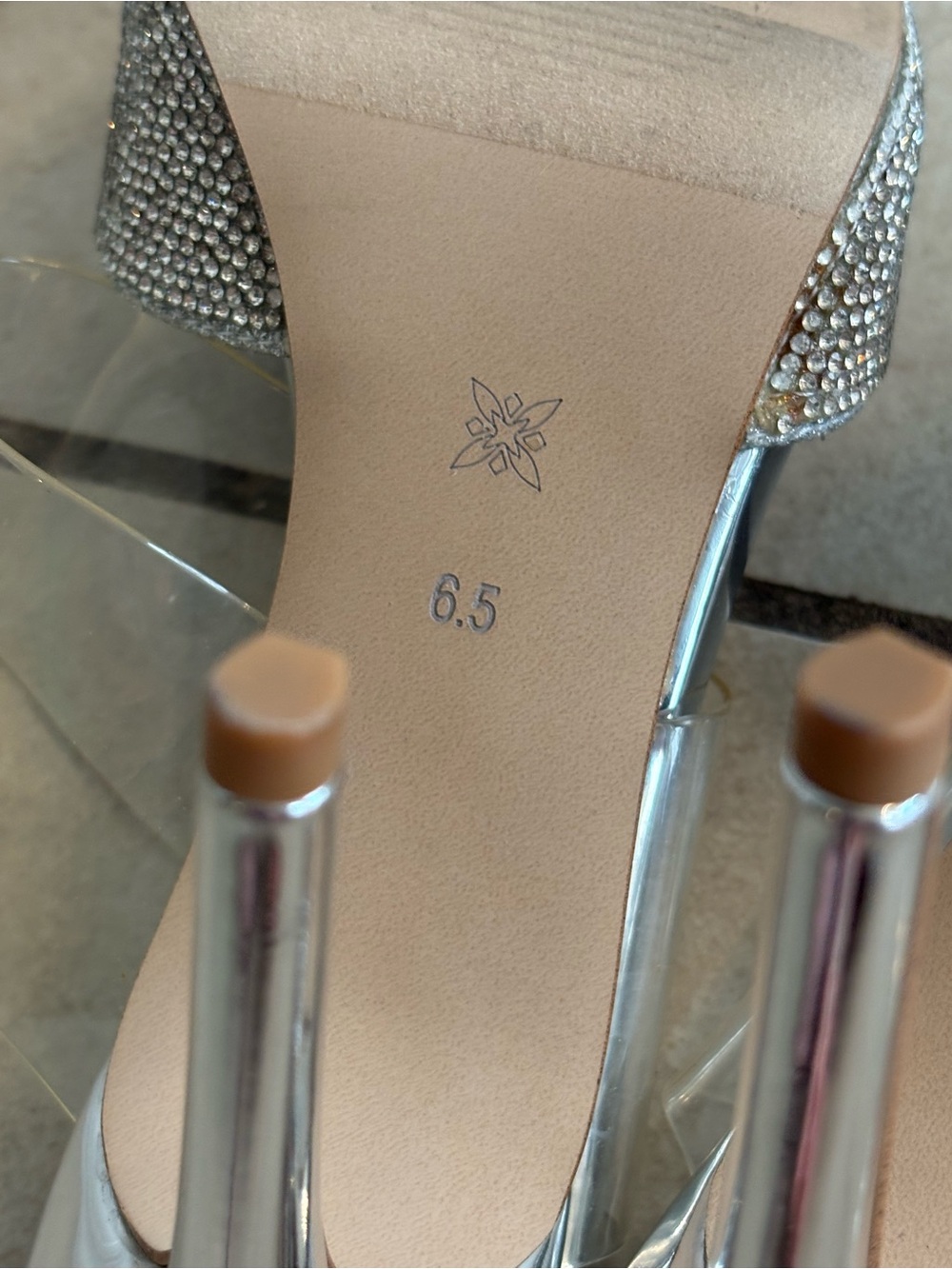 BCBGeneration Harlina Silver Rhinestone Clear Strap Stiletto Heels Size 6.5 - Picture 8 of 10